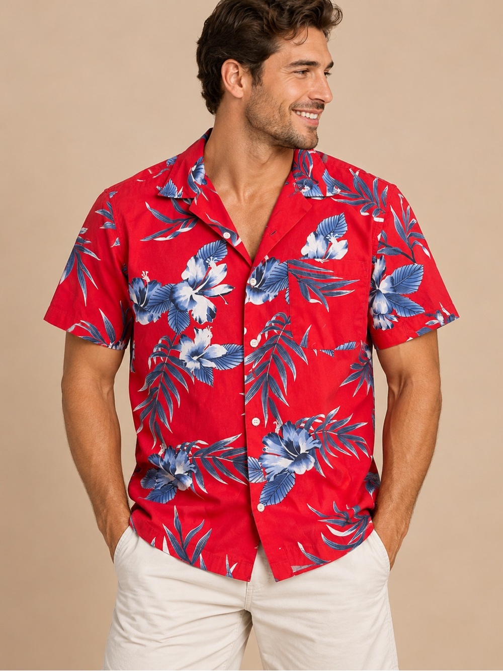 Blue Generation Red Hawaiian Hibiscus Tropical Button Down Shirt Size Medium